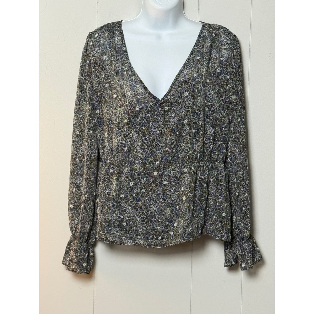 Nordstrom Rack Women's Floral Peplum Blouse V-Neck Ruffle Cuff Black White Sz M